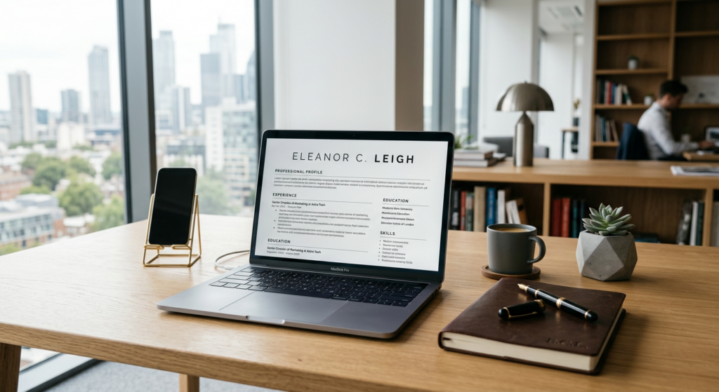 A high-end, editorial-style photograph of a professional office desk with a leather notebook, a foun