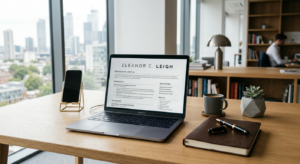 A high-end, editorial-style photograph of a professional office desk with a leather notebook, a foun