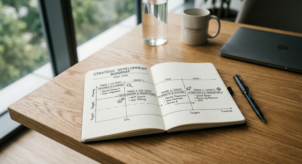 A professional, minimalist editorial composition featuring a clean notebook with a strategic develop