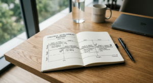 A professional, minimalist editorial composition featuring a clean notebook with a strategic develop