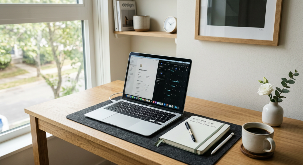 A professional, high-quality editorial image of a minimalist, organized home office setup with a lap