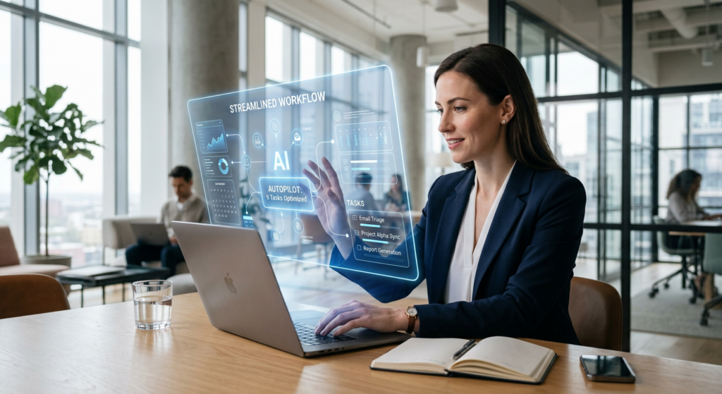 A professional, high-concept editorial shot of a modern office worker collaborating with a glowing,