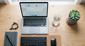A clean, top-down professional workspace featuring a modern laptop, a glass of water, and a succulen