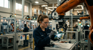 A professional cinematic shot of a modern automated factory floor featuring a precision robotic arm