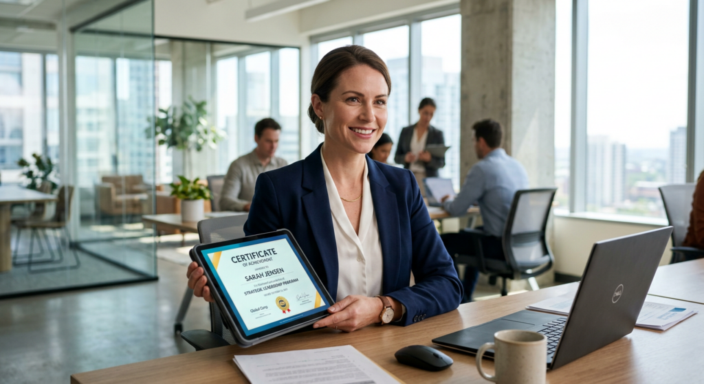 A high-quality, professional photo of a focused white-collar professional holding a digital certific