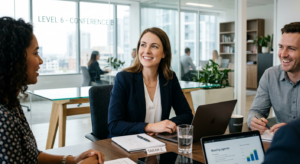 A professional, high-quality editorial photograph of a confident employee sitting at a clean office