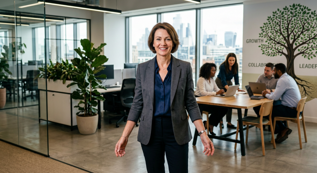 A professional, high-quality editorial photograph of a confident business leader standing in a moder