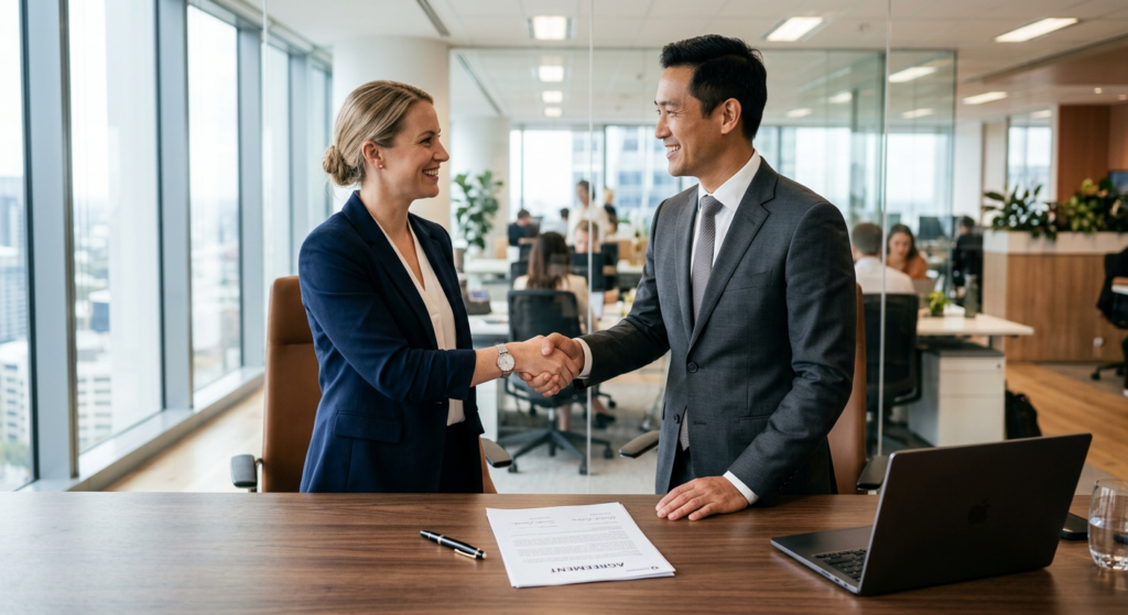 A high-quality, professional photograph of two business people in a modern office shaking hands over