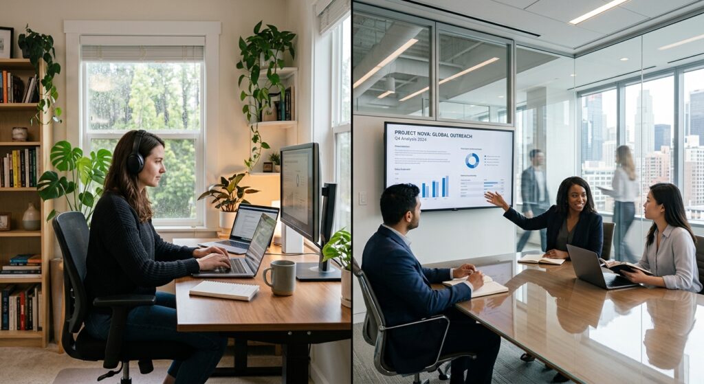 A high-quality, professional split-screen composition contrasting a focused remote worker in a moder