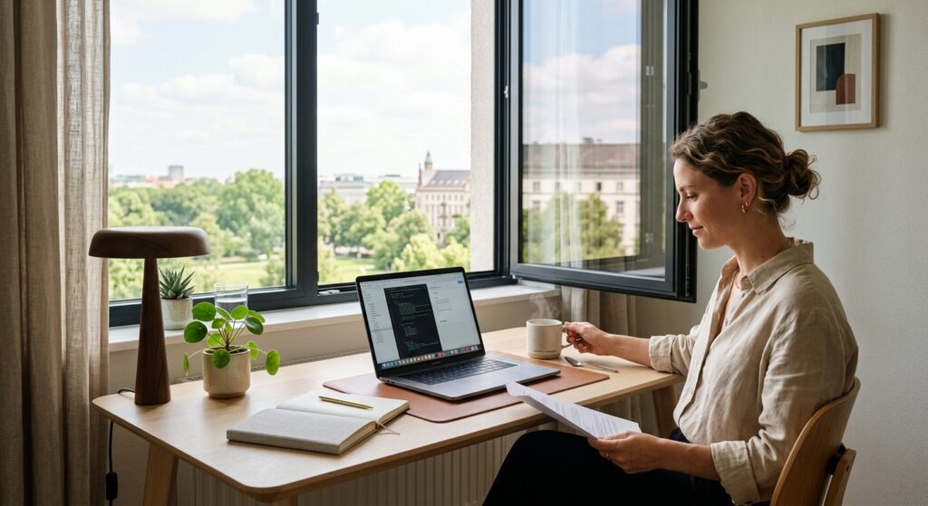 A professional, high-end editorial image featuring a modern, minimalist workspace with a laptop and