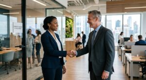 A professional, high-quality editorial shot of a confident employee shaking hands with a manager in
